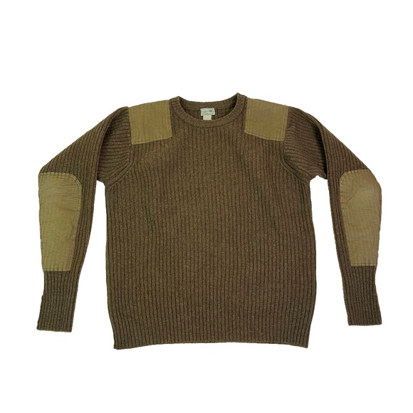 LL Bean Sweater Brown Mocha Merino Wool Commando Military Elbow Patches - Picture 1 of 3